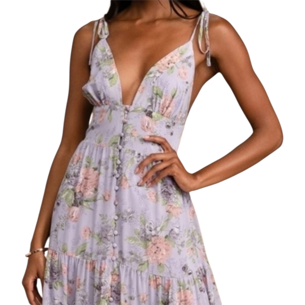 Lulu’s Purple Plunge Neck Maxi Sundress Sz Large – Flowy Boho Summer Dress